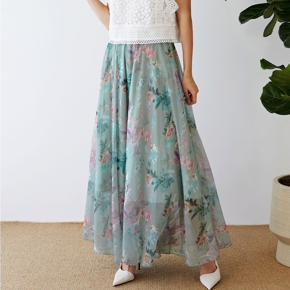Chicwish Green Exuberant Floral Chiffon Maxi Skirt - Medium